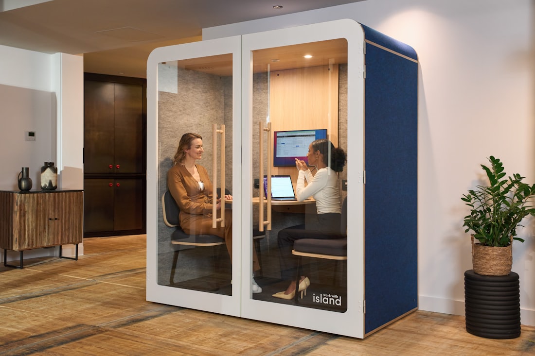 Two colleagues working together at a screen inside a two-person acoustic pod